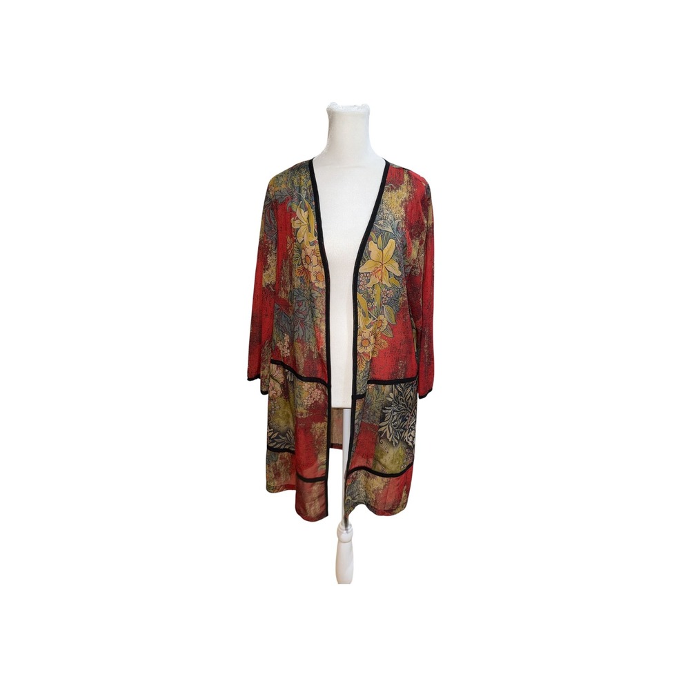 Soft Surroundings Red Floral Patchwork Kimono Cardigan Duster‎ Womens Medium